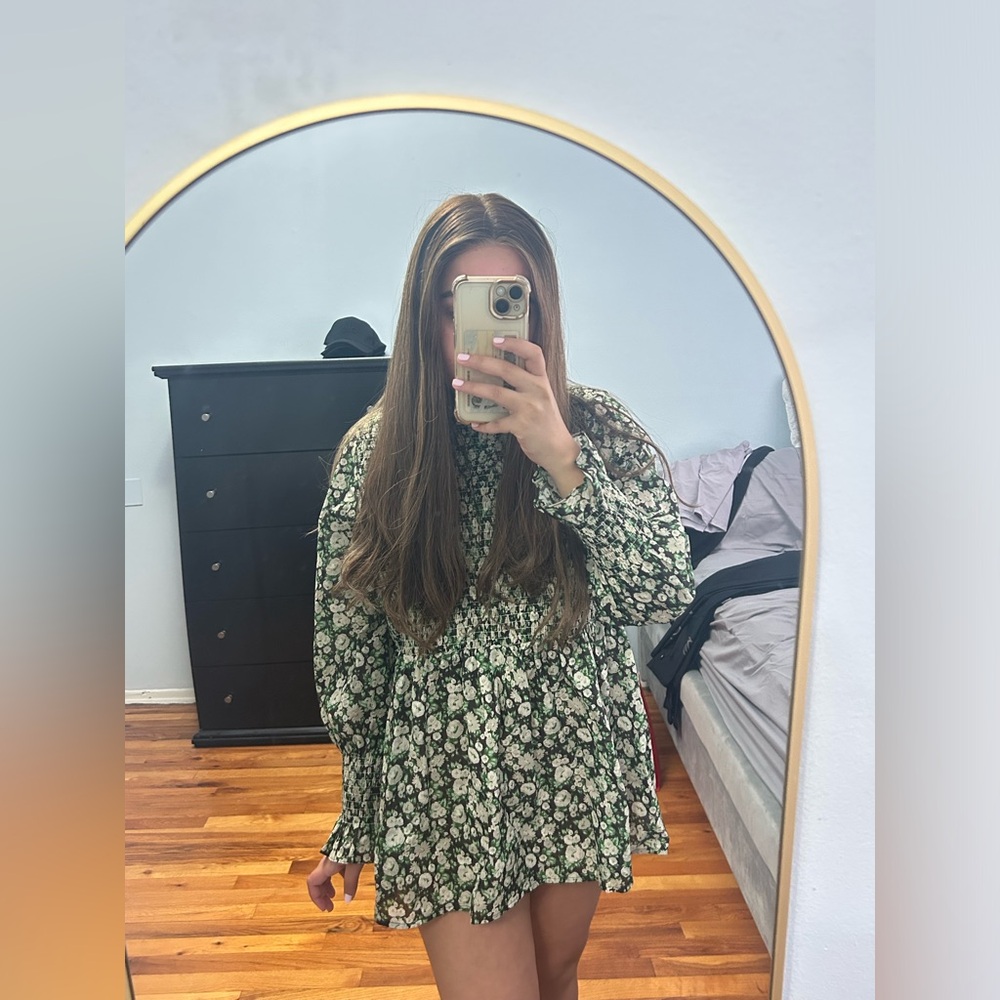 Tuckernuck Green and White Floral Long-Sleeve Mini Dress